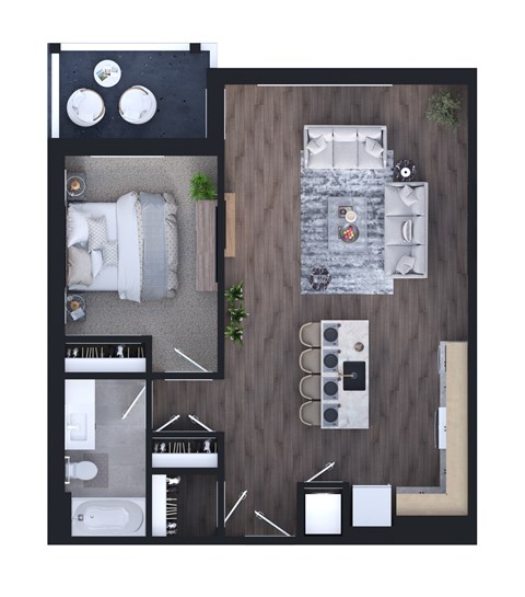 A top-down view of a modern apartment layout with a kitchen, living room, and bathroom.